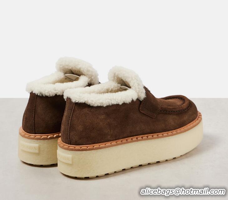 ​Promotional Prada Shearling-lined Suede Platform Loafers P59987 Dark Brown