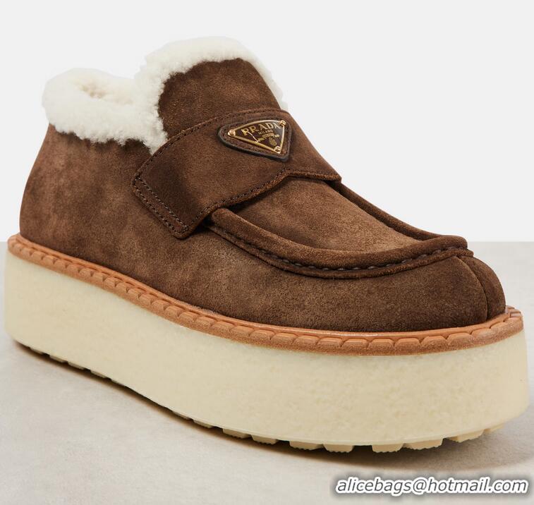 ​Promotional Prada Shearling-lined Suede Platform Loafers P59987 Dark Brown