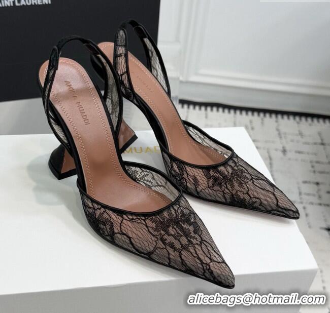 ​Inexpensive Amina Muaddi Holli Lace Sling Back Pumps 9.5cm Heel A1111 Black 2025
