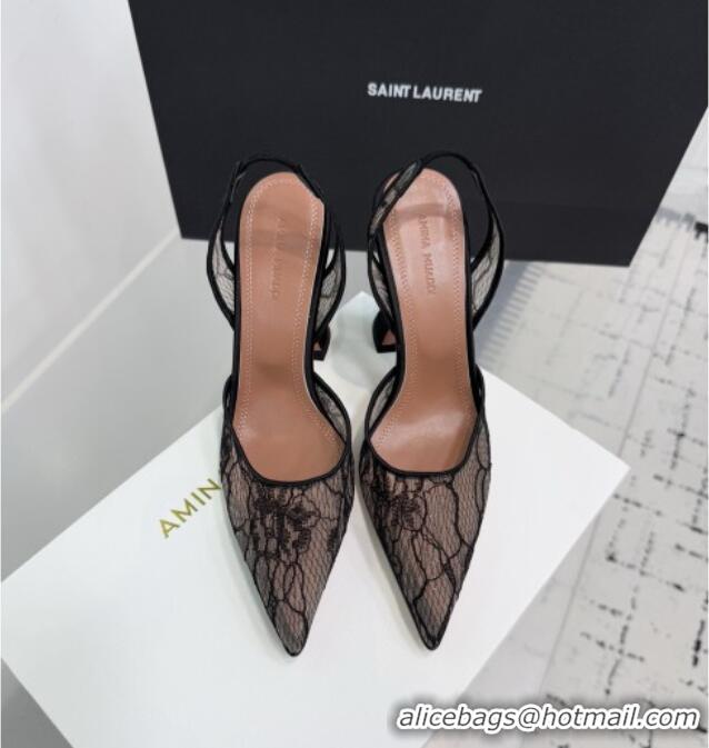 ​Inexpensive Amina Muaddi Holli Lace Sling Back Pumps 9.5cm Heel A1111 Black 2025