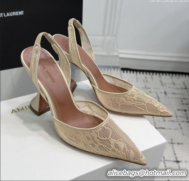 Top Grade Amina Muaddi Holli Lace Sling Back Pumps 9.5cm Heel A1111 Beige 2025