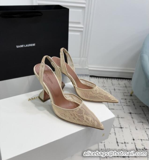 Top Grade Amina Muaddi Holli Lace Sling Back Pumps 9.5cm Heel A1111 Beige 2025