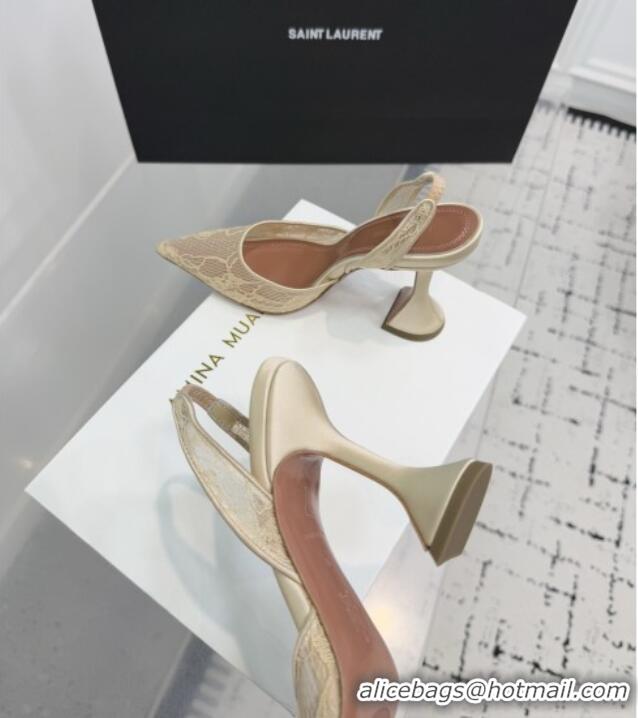 Top Grade Amina Muaddi Holli Lace Sling Back Pumps 9.5cm Heel A1111 Beige 2025
