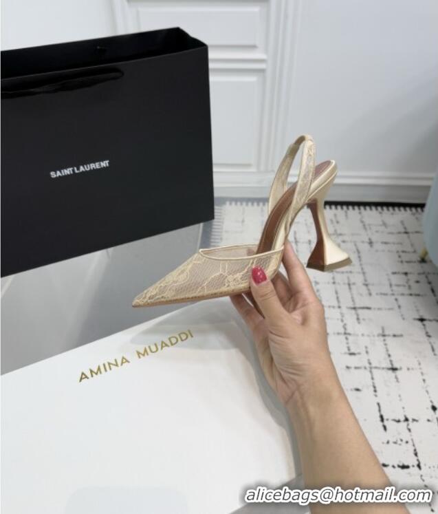 Top Grade Amina Muaddi Holli Lace Sling Back Pumps 9.5cm Heel A1111 Beige 2025
