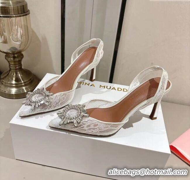 Buy Fashionable Amina Muaddi Begum Lace Sling Pumps A1116 White 2024