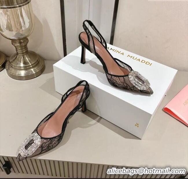 Well Crafted Amina Muaddi Camelia Lace Sling Pumps with Antique Buckle A1116 Black 2025