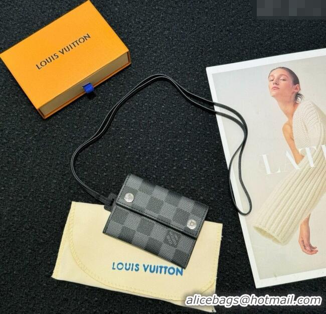 Top Grade Louis Vuitton LV Card Holder with Neck Strap M83154 Black Damier 2025
