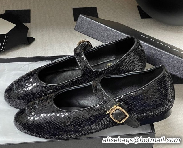 Grade Quality Chanel Sequins Mary Janes Flats Ballet G45503 Black