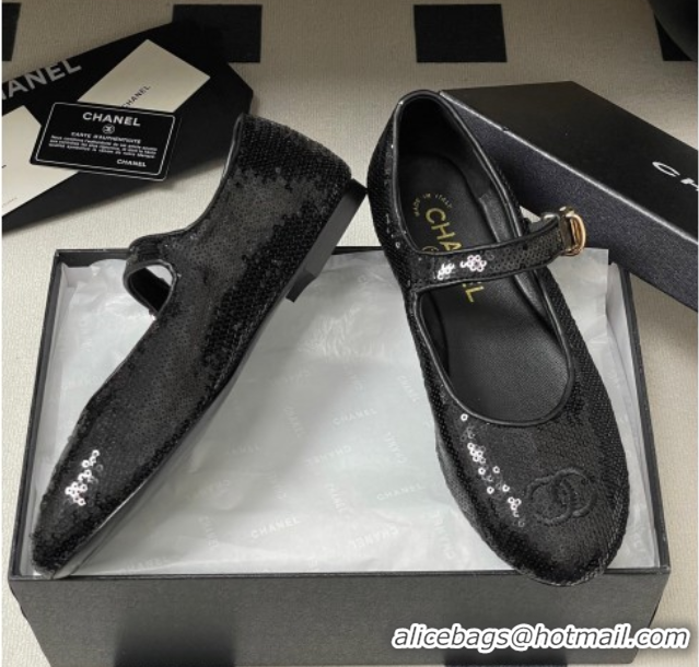 Grade Quality Chanel Sequins Mary Janes Flats Ballet G45503 Black