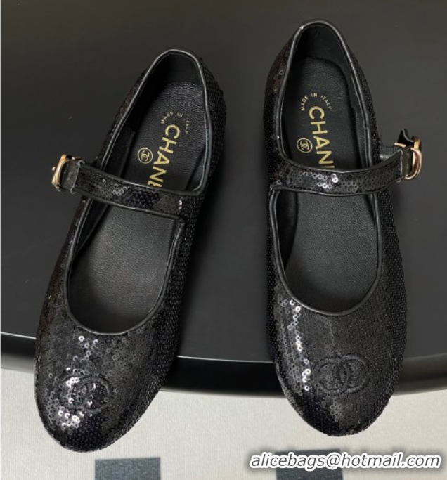 Grade Quality Chanel Sequins Mary Janes Flats Ballet G45503 Black