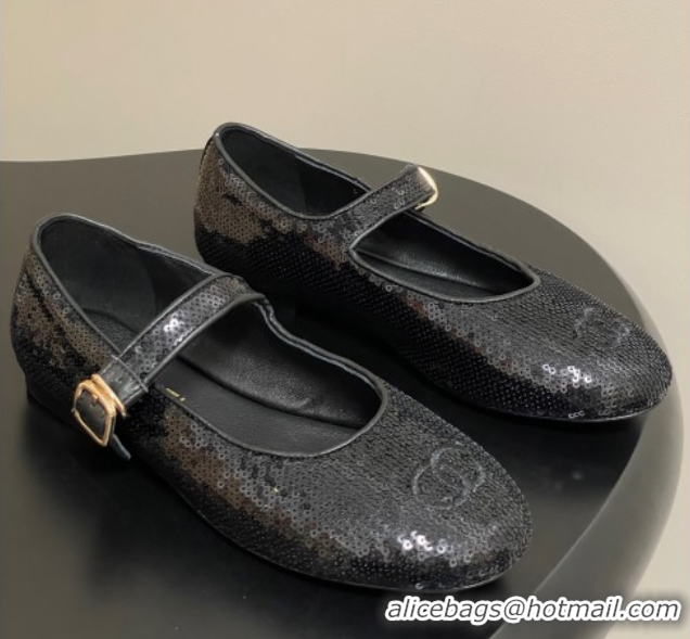 Grade Quality Chanel Sequins Mary Janes Flats Ballet G45503 Black
