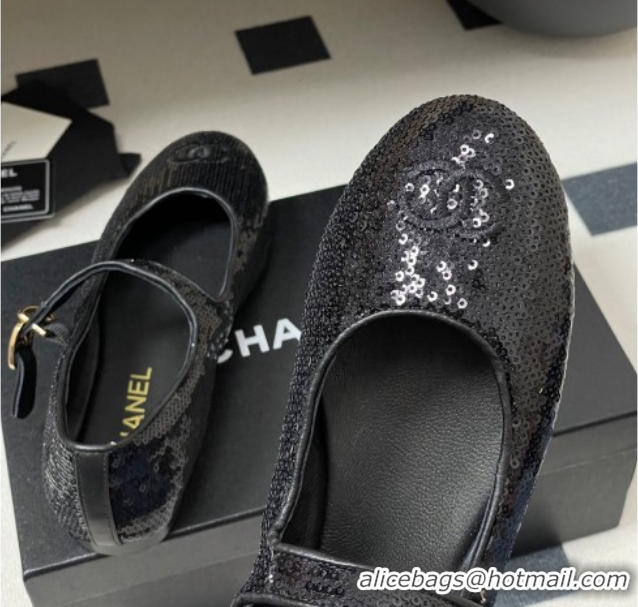 Grade Quality Chanel Sequins Mary Janes Flats Ballet G45503 Black