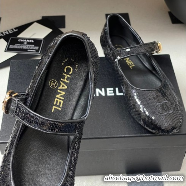 Grade Quality Chanel Sequins Mary Janes Flats Ballet G45503 Black