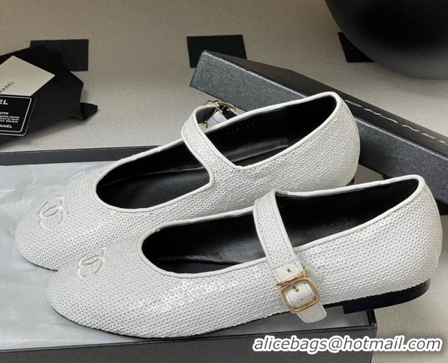 Best Price Chanel Sequins Mary Janes Flats Ballet G45503 White