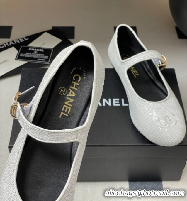 Best Price Chanel Sequins Mary Janes Flats Ballet G45503 White