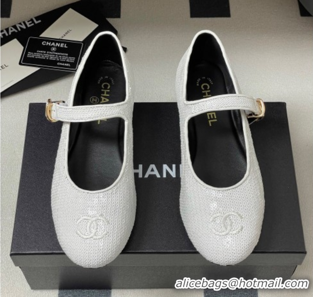 Best Price Chanel Sequins Mary Janes Flats Ballet G45503 White