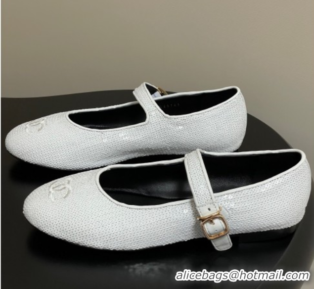 Best Price Chanel Sequins Mary Janes Flats Ballet G45503 White