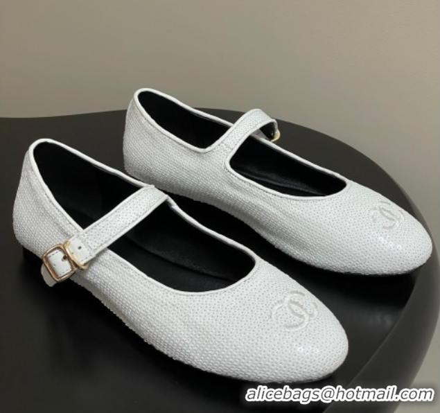 Best Price Chanel Sequins Mary Janes Flats Ballet G45503 White