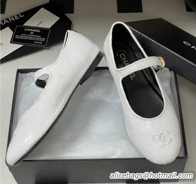 Best Price Chanel Sequins Mary Janes Flats Ballet G45503 White