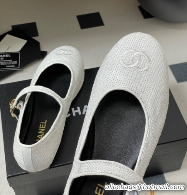 Best Price Chanel Sequins Mary Janes Flats Ballet G45503 White