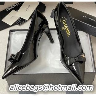 Good Looking Chanel Crumpled Patent Calfskin Pumps 7.5cm with Bow Black 2025 G46547