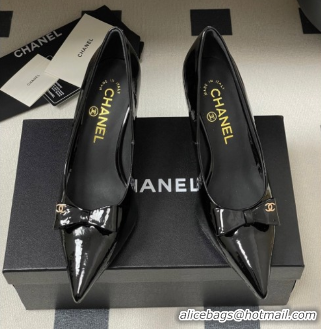 Good Looking Chanel Crumpled Patent Calfskin Pumps 7.5cm with Bow Black 2025 G46547