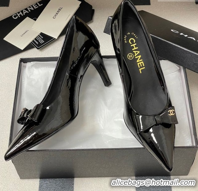 Good Looking Chanel Crumpled Patent Calfskin Pumps 7.5cm with Bow Black 2025 G46547