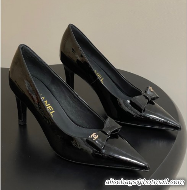 Good Looking Chanel Crumpled Patent Calfskin Pumps 7.5cm with Bow Black 2025 G46547
