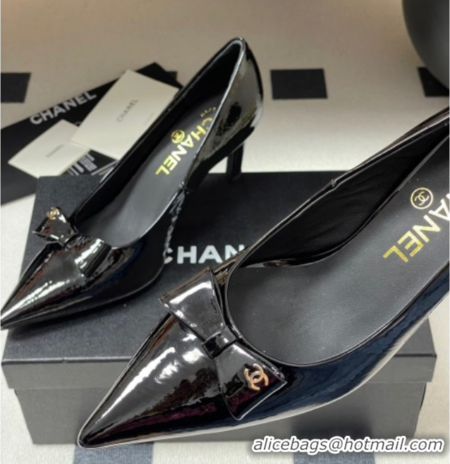Good Looking Chanel Crumpled Patent Calfskin Pumps 7.5cm with Bow Black 2025 G46547