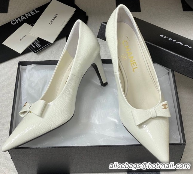 Best Product Chanel Crumpled Patent Calfskin Pumps 7.5cm with Bow White G46547