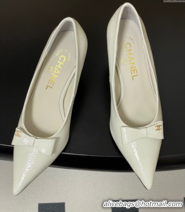Best Product Chanel Crumpled Patent Calfskin Pumps 7.5cm with Bow White G46547