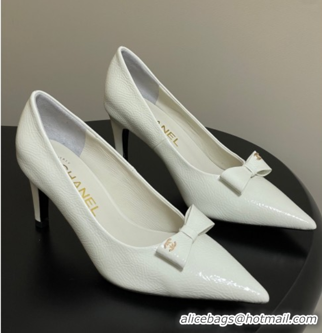 Best Product Chanel Crumpled Patent Calfskin Pumps 7.5cm with Bow White G46547