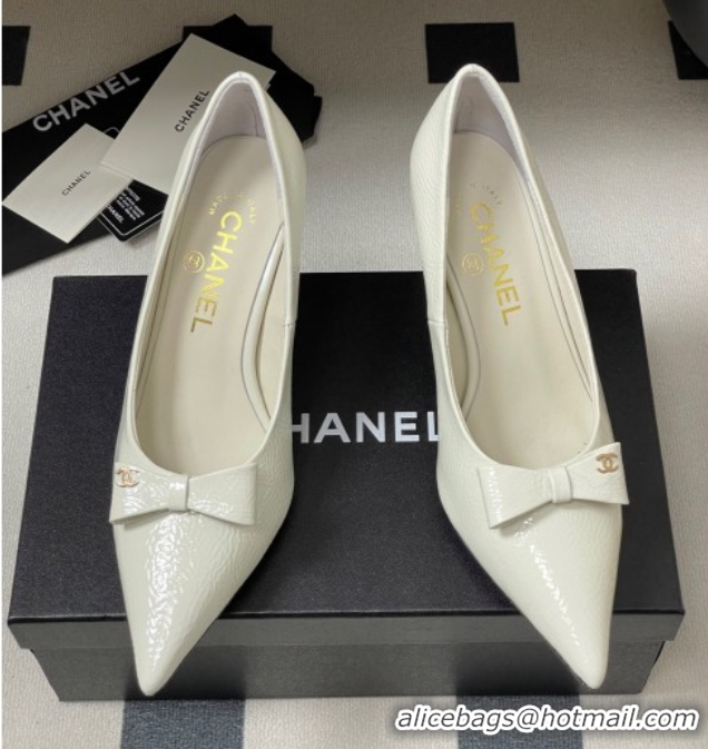 Best Product Chanel Crumpled Patent Calfskin Pumps 7.5cm with Bow White G46547