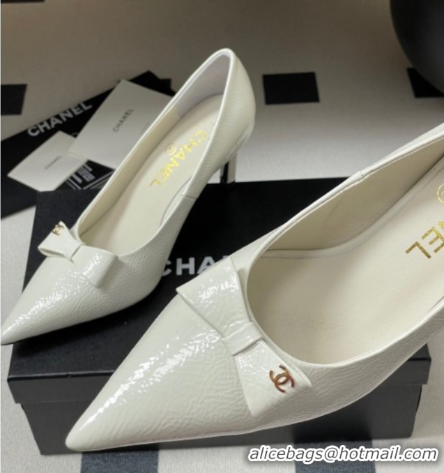 Best Product Chanel Crumpled Patent Calfskin Pumps 7.5cm with Bow White G46547