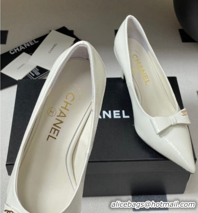 Best Product Chanel Crumpled Patent Calfskin Pumps 7.5cm with Bow White G46547