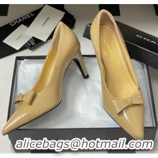 Durable Chanel Crumpled Patent Calfskin Pumps 7.5cm with Bow Beige G46547