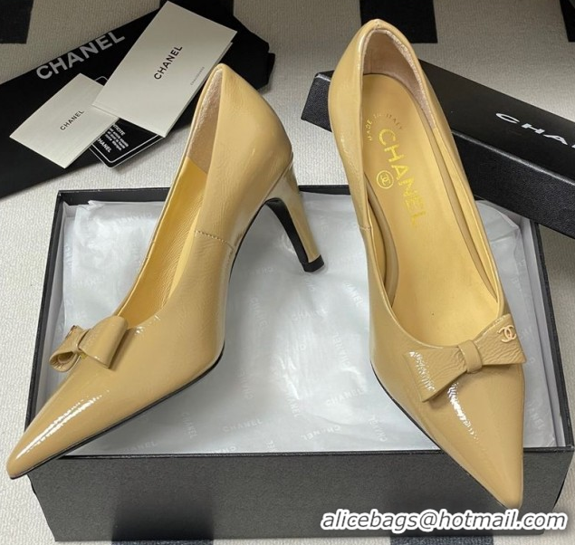 Durable Chanel Crumpled Patent Calfskin Pumps 7.5cm with Bow Beige G46547