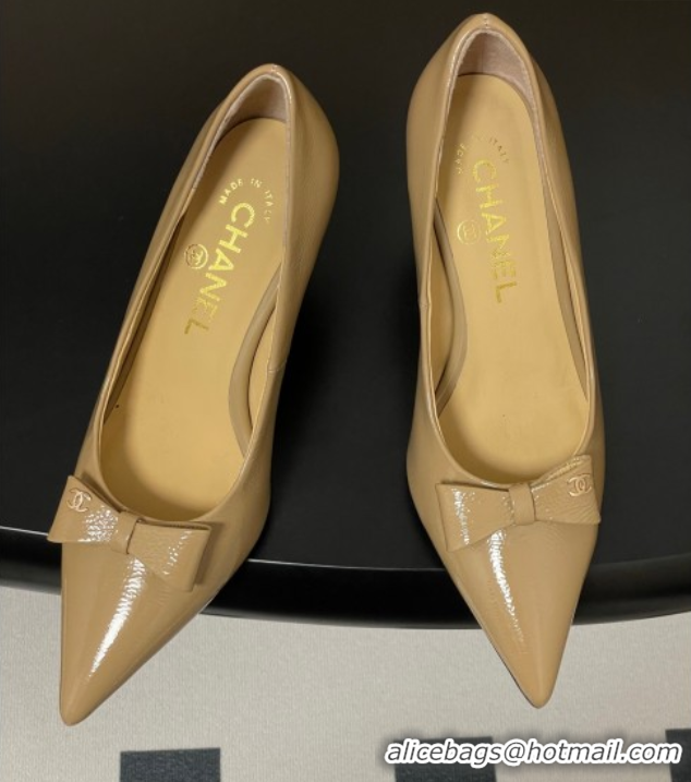 Durable Chanel Crumpled Patent Calfskin Pumps 7.5cm with Bow Beige G46547