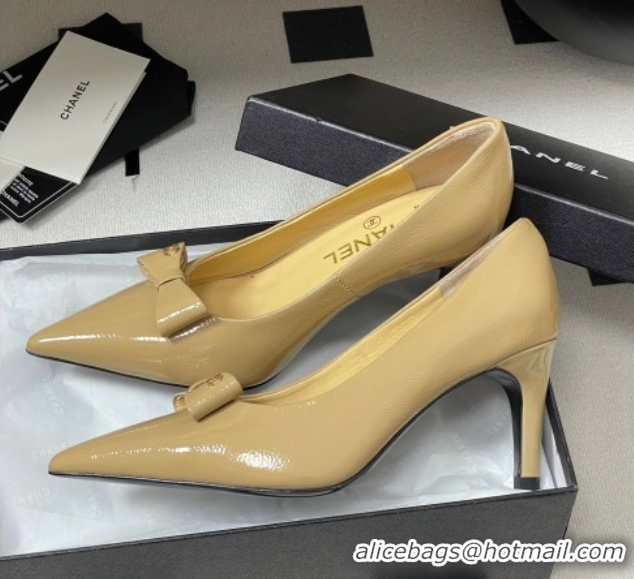 Durable Chanel Crumpled Patent Calfskin Pumps 7.5cm with Bow Beige G46547