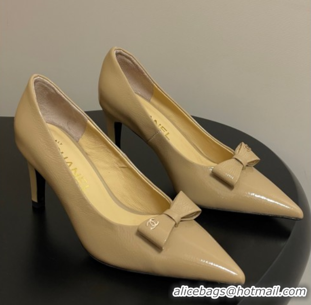 Durable Chanel Crumpled Patent Calfskin Pumps 7.5cm with Bow Beige G46547