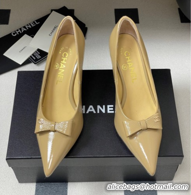 Durable Chanel Crumpled Patent Calfskin Pumps 7.5cm with Bow Beige G46547