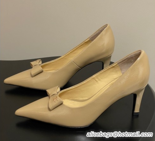 Durable Chanel Crumpled Patent Calfskin Pumps 7.5cm with Bow Beige G46547