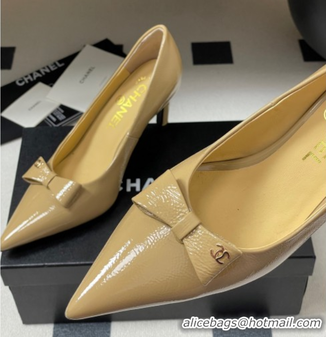 Durable Chanel Crumpled Patent Calfskin Pumps 7.5cm with Bow Beige G46547