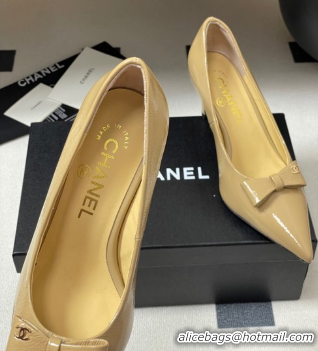 Durable Chanel Crumpled Patent Calfskin Pumps 7.5cm with Bow Beige G46547