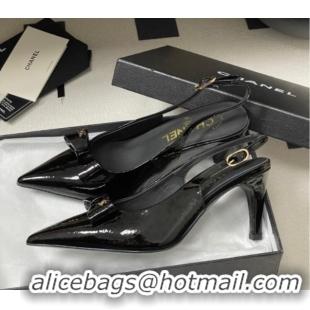 Charming Chanel Crumpled Patent Calfskin Slingbacks 7.5cm with Bow Black G46547