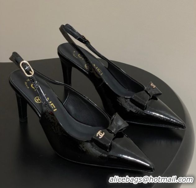 Charming Chanel Crumpled Patent Calfskin Slingbacks 7.5cm with Bow Black G46547