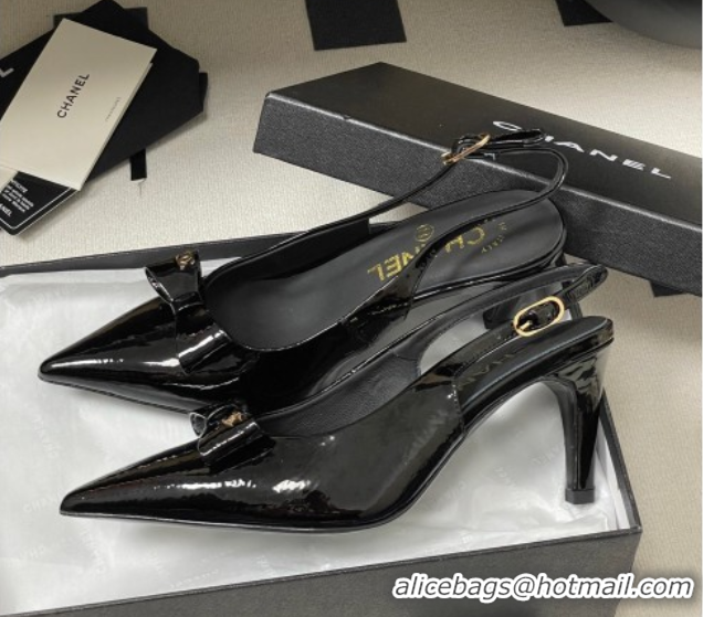 Charming Chanel Crumpled Patent Calfskin Slingbacks 7.5cm with Bow Black G46547