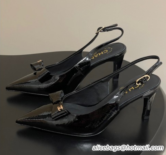 Charming Chanel Crumpled Patent Calfskin Slingbacks 7.5cm with Bow Black G46547