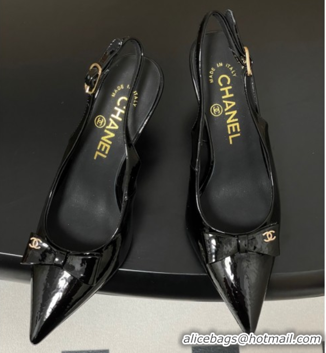 Charming Chanel Crumpled Patent Calfskin Slingbacks 7.5cm with Bow Black G46547