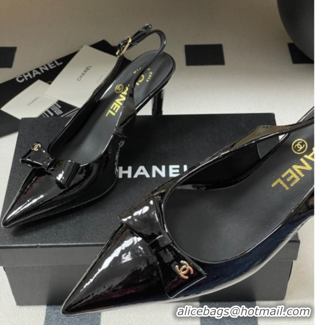 Charming Chanel Crumpled Patent Calfskin Slingbacks 7.5cm with Bow Black G46547
